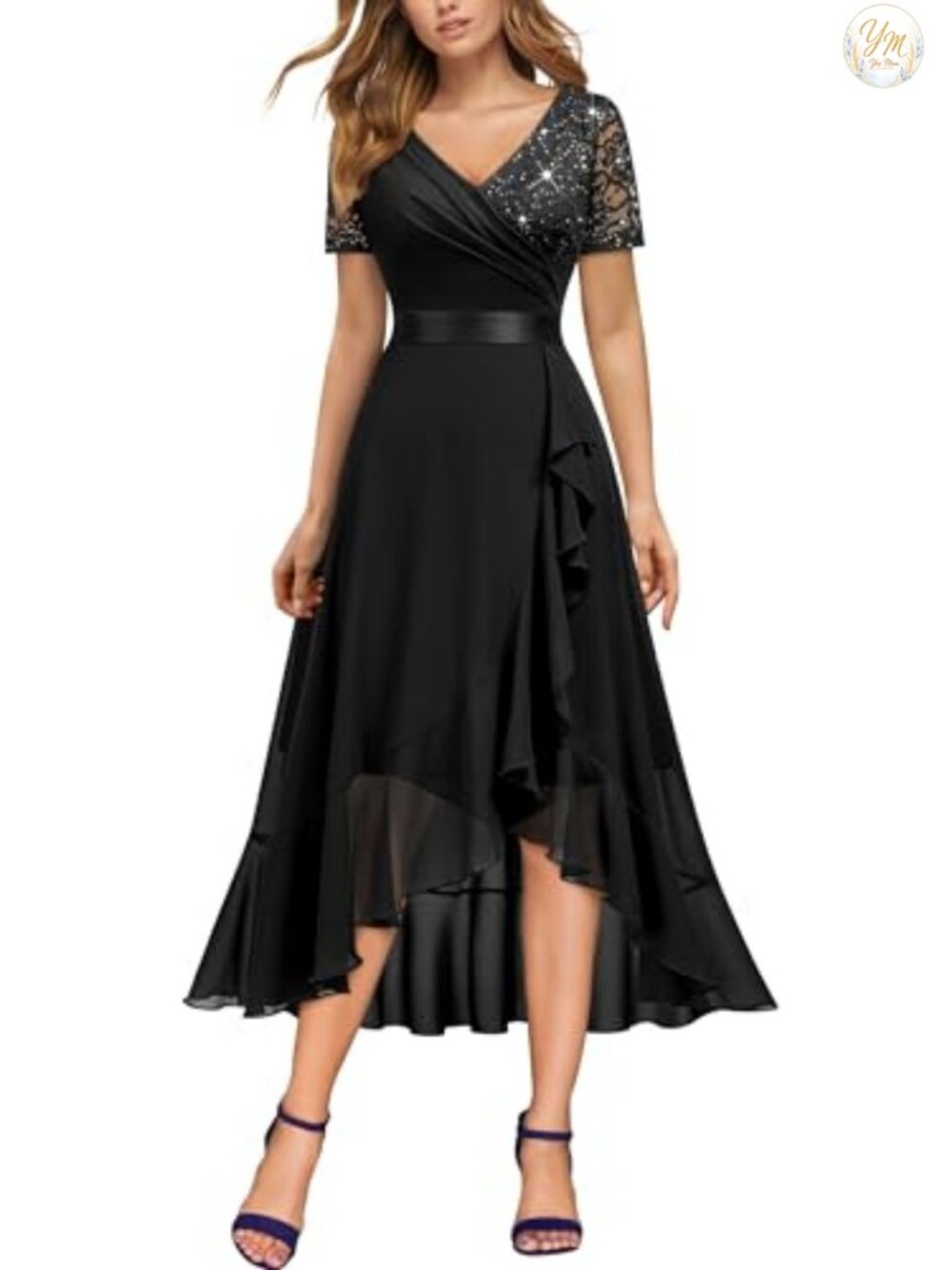 Miusol V-Neck Sequin Lace Chiffon Ruffle Slit Formal Evening Party Dress